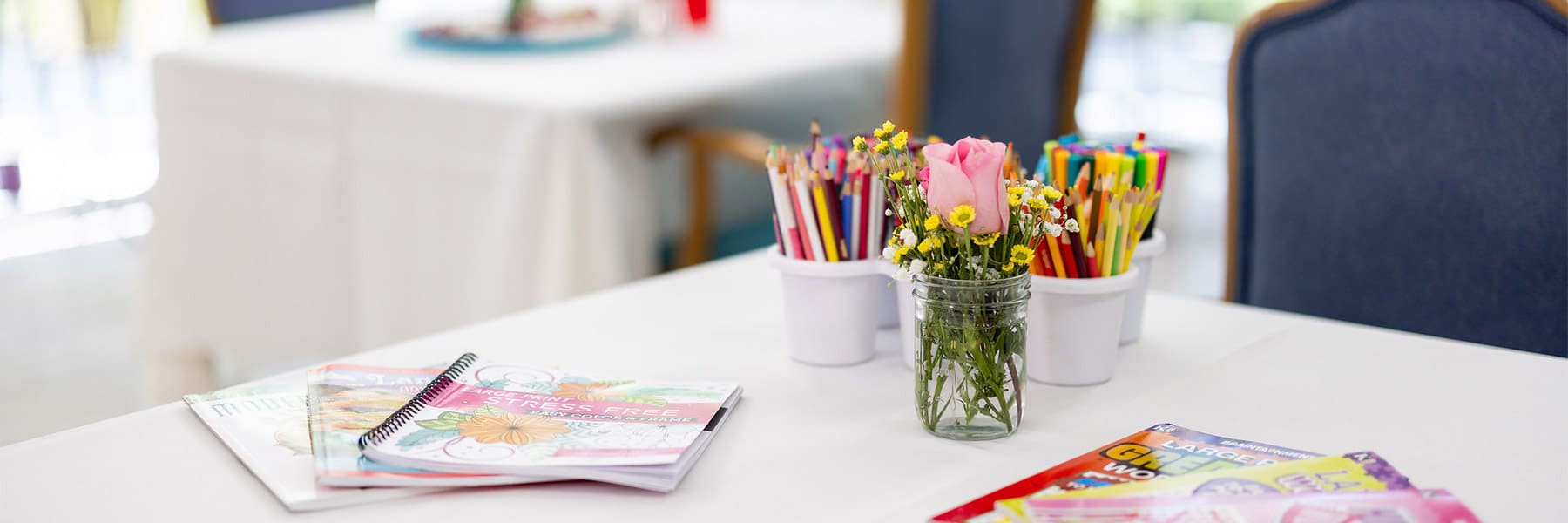 Activities and coloring books on table at Red Cliffs Post Acute