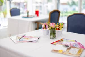 Activities and coloring books on table at Red Cliffs Post Acute
